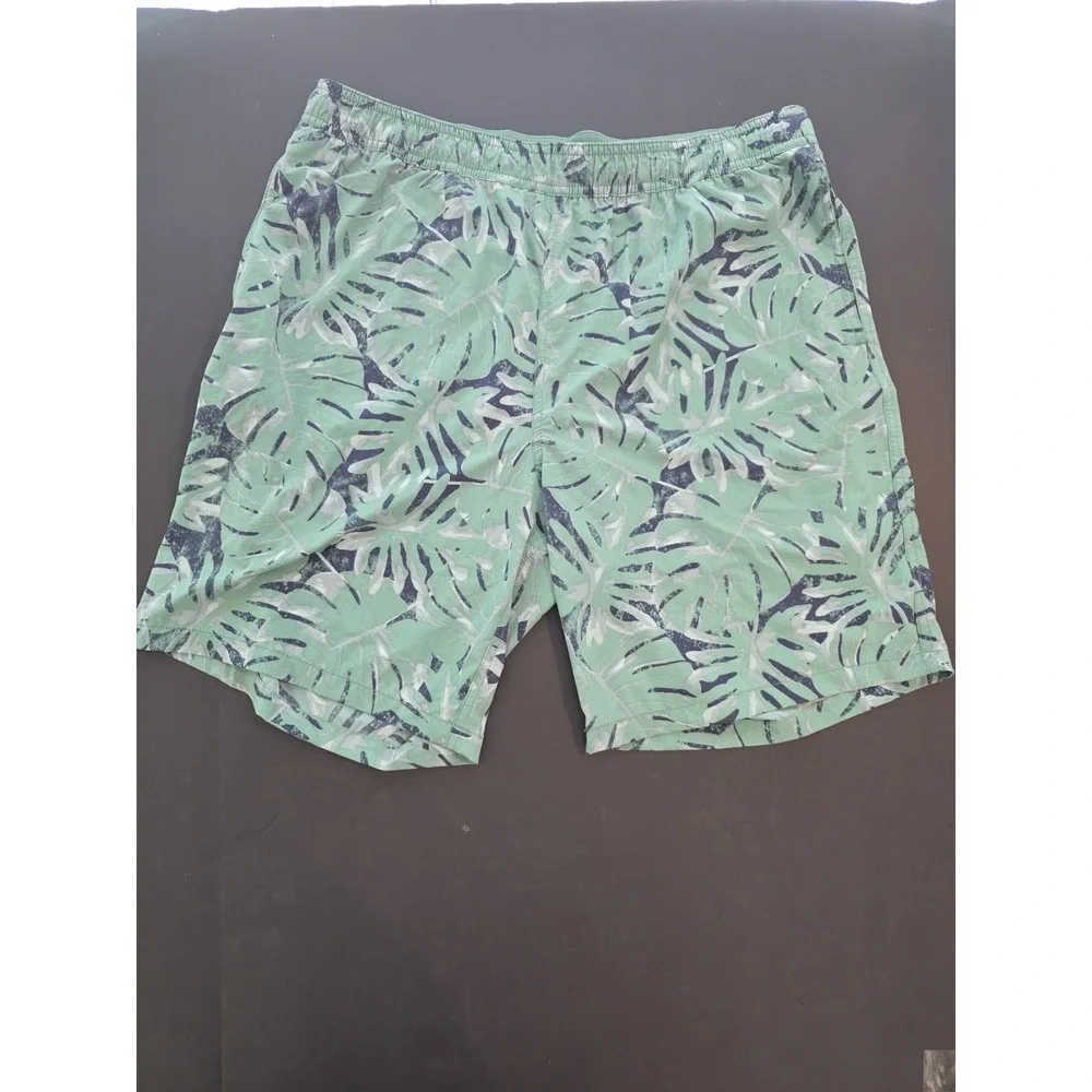 Mens Kirkland Swim Trunks Green Blue Leaf Print SzL‎ Elastic Lined BackZipPocket